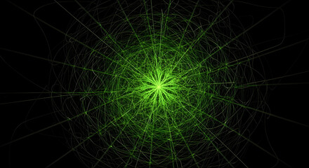 Abstract Glowing Green Star Burst with Lines and Rays on Black Background Illustration
