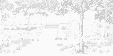 Serene garden path with stone steps leading upwards through lush trees and foliage