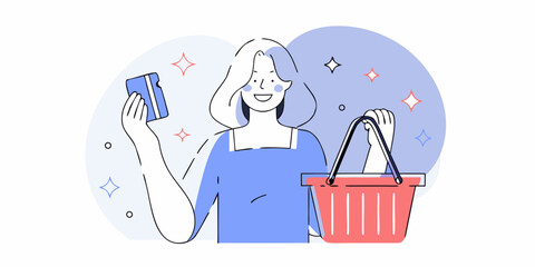 Happy woman holding a credit card and shopping basket ready for online shopping or retail purchase
