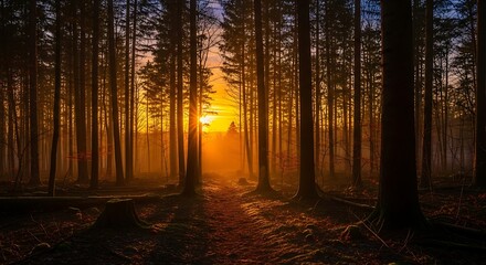 Obraz premium Sunset through the trees, a beautiful forest scene with golden light.