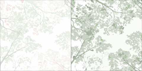 Looking up through lush green tree branches and leaves against a bright white sky