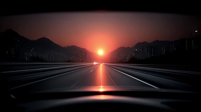 Vehicles speeding forward on the highway at sunset