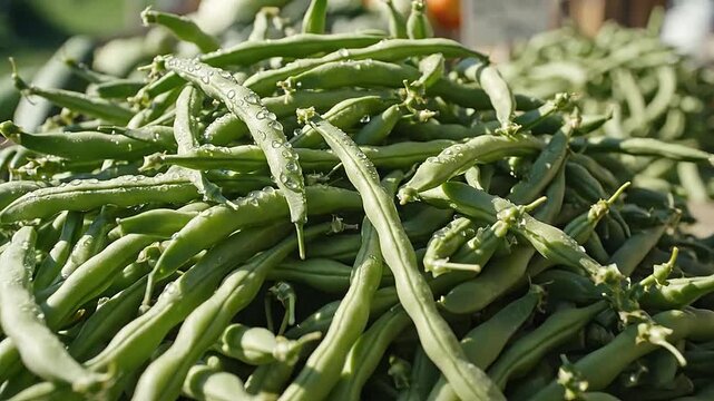 Camera moves over a pile of fresh green beans, natural light, healthy.
