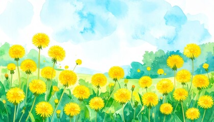 Fototapeta premium Vibrant yellow flowers painting gracing expansive lush field under clear sky artistic rendition.