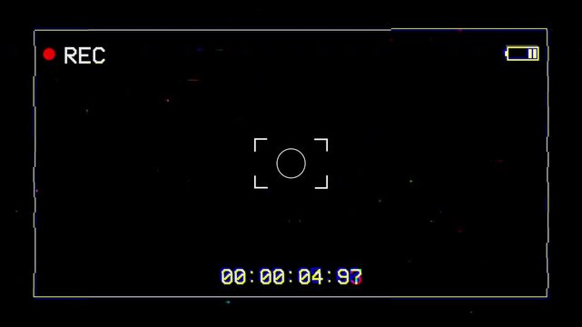 Video camera recorder screen overlay on a black background 4K animation