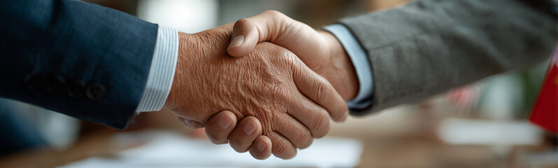 Fototapeta premium Partnership Handshake: A close-up shot of two people shaking hands, embodying trust, collaboration, and a successful agreement.