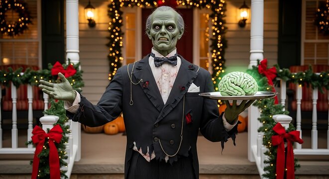 A zombie butler mannequin greets guests on the porch of a decorated house. Halloween theme, it holds a silver tray with a disembodied