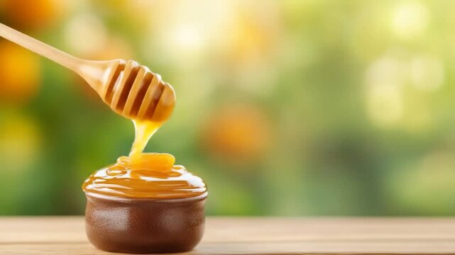 Golden honey being poured into a small rustic pot by a wooden dipper against a vibrant green outdoor background