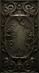 Intricate metal ornamentation frames a central textured plate adorned with mechanical gears.