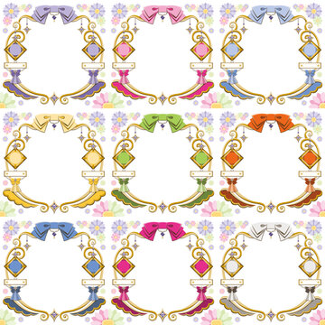 リボンと宝石の装飾イラスト ラグジュアリーデザイン「ガーリーなフレームセット」９色（Decorative illustration of ribbons and jewels Luxury design "Girly frame set" 9 colors.）