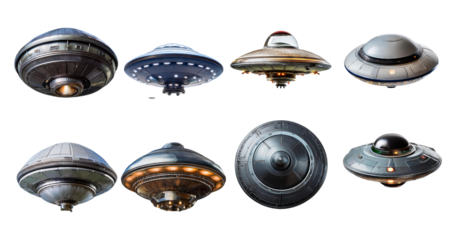Various UFO Designs for Science Fiction and Fantasy Themes, isolated on transparent background
