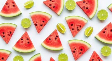 Refreshing Watermelon and Lime Slices on White Background.