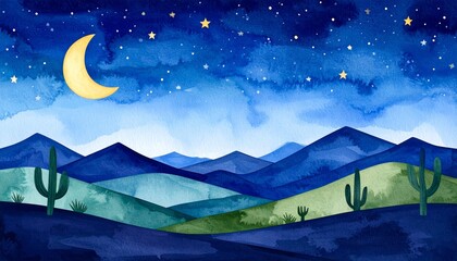 Fototapeta premium Mesmerizing nocturnal desert landscape painting featuring majestic mountains and twinkling stars.