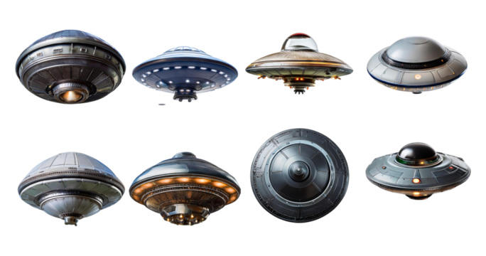 Various UFO Designs for Science Fiction and Fantasy Themes, isolated on transparent background