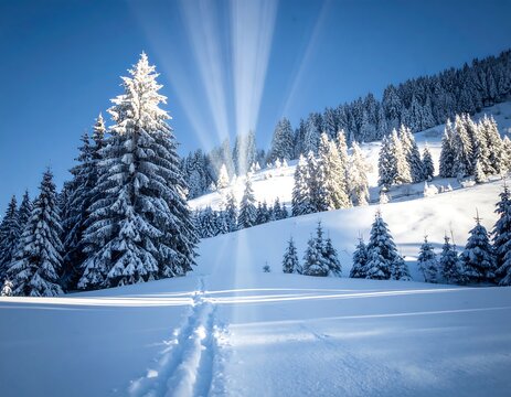 Sun rays streaming through snow-covered trees on a crisp, clear day