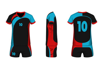 Volleyball jersey mockup black, blue and red colors with front, side and back view.