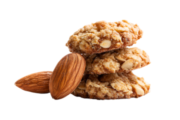 Stack of homemade oatmeal almond cookies with whole almonds on black background
