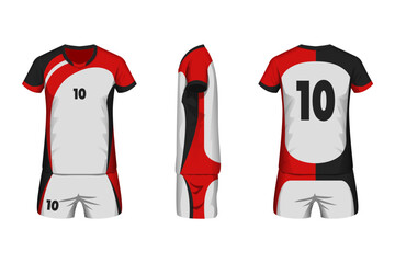 Volleyball jersey mockup white, black and red colors with front, side and back view.
