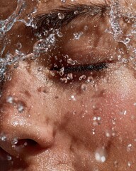 Fototapeta premium Close up of person splashing face with water during morning cleansing ritual with droplets catching light in dynamic refreshing moment, skincare routine and awakening revitalization lifestyle concept