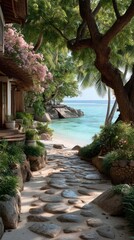 Stone Pathway Through Lush Tropical Garden Leading to a Serene Blue Ocean Beach with Overhanging Trees and Vibrant Pink Flowers