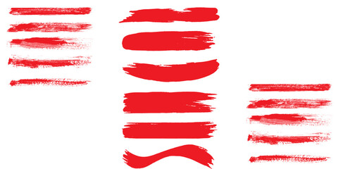 Straight red ink vector lines pack. Bloody color long and round hand-drawn brushstroke text highlights, frames, circles. Asian calligraphy modern