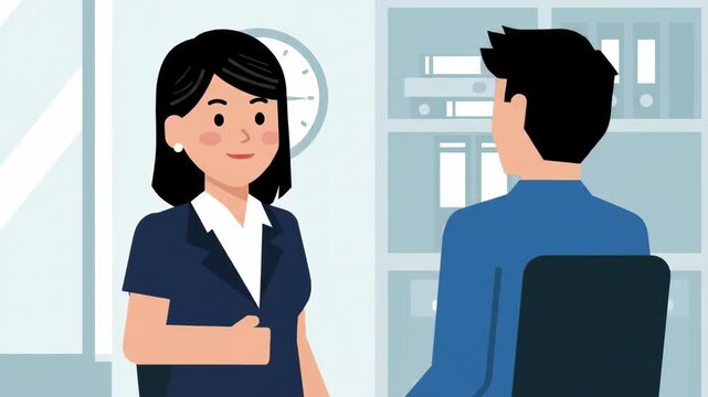 Human resources manager conducting a job interview or performance review with an employee in a corporate office setting