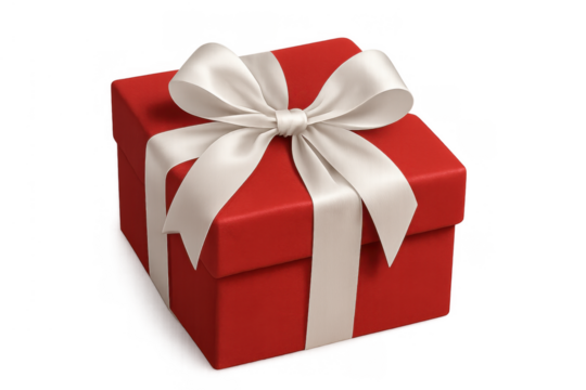 Red gift box with white ribbon and bow, symbolizing holidays, giving, celebration, surprise, and marketing on transparent background