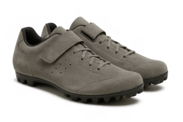 Gray cycling shoes with laces and velcro strap, a pair of suede ergonomic footwear for sports and outdoor activity
