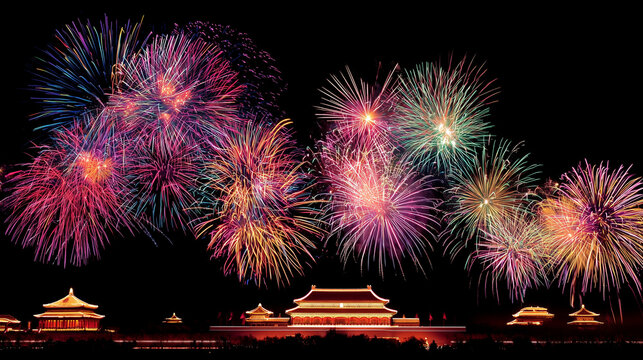 Vibrant fireworks illuminating Forbidden City in Beijing during Lunar New Year celebration night sky