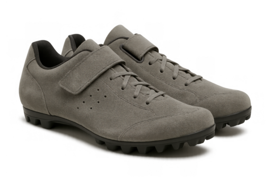 Gray cycling shoes with laces and velcro strap, a pair of suede ergonomic footwear for sports and outdoor activity