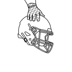 Hand holding american football helmet in black and white line art