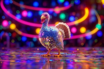 Hilarious Disco Ball Turkey – Vibrant Thanksgiving Party Scene with Colorful Lights and Retro Dance Vibes