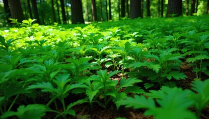 Obraz premium Reclaimed Forest Floor Sunlight filtering through a dense, green forest canopy, creating dappled light patterns on a rich, moss covered forest floor. Diverse healthy plants and ferns are visible. No