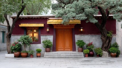 Tibetan Monastery Entrance with Traditional Red Walls and Wooden Doors Surrounded by Lush Green Plants and Mature Trees