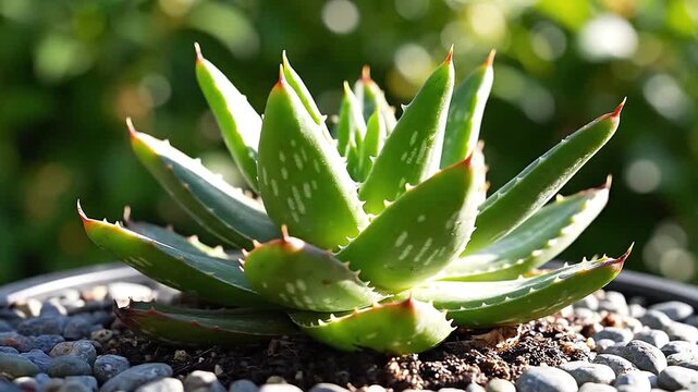 Motion-control rig orbits a perfect aloe vera rosette in a seamless loop.