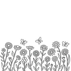 Fototapeta premium Simple hand drawn outline of wildflowers and butterflies on white background