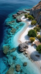 Top Down Aerial Photo Of A Curved Coastline With Turquoise Water Rocky Shoreline Green Trees And White Sand Beach In Bright Sunlight