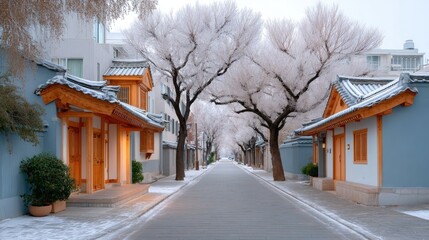 Quiet Snowy Street Lined with Traditional Asian Houses and Cherry Blossom Trees in Bloom During Winter