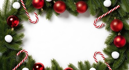 Festive christmas wreath with red baubles and candy canes on white background