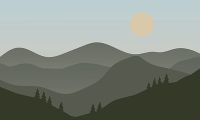 Mountain landscape with trees and a sun, perfect for nature lovers, travel blogs, outdoor brands, and environmental awareness campaigns.