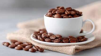 Rustic Styled Flat Lay Of Roasted Coffee Beans In A White Cup And Saucer On A Burlap Fabric And Grey Textured Background With Soft Natural Lighting
