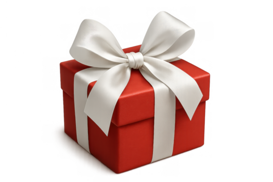Red gift box with white ribbon bow, celebrating holidays, birthdays, and special occasions, transparent background