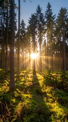 Obraz premium Sunlight streams through a dense forest, creating a golden glow
