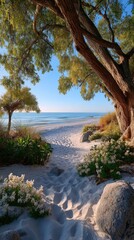 Sandy Beach Pathway Lined with White Wildflowers and Lush Green Trees Under a Clear Blue Sky with Gentle Ocean Waves in the Distance Bathed in Golden Sunlight