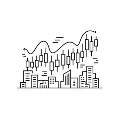 Hand drawn city skyline with stock market candlestick chart above