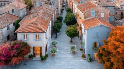 Top Down Drone Photo Of A Historical Village With Red Tile Roofs And Blooming Trees On A Sunny Day