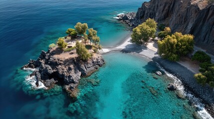 Top Down Drone View Of A Dark Volcanic Island Surrounded By Turquoise Ocean Water With Lush Green Trees And Rocky Shoreline Under Bright Sunlight