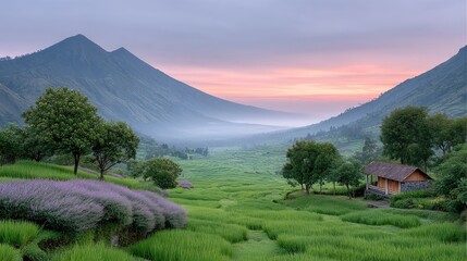 Scenic Village Nestled Between Lush Green Hills Under a Soft Pink and Blue Hued Sky at Dawn with Blooming Purple Flowers and a Small Traditional Hut