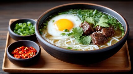 Top Down Food Photo Of A Traditional Chinese Noodle Soup With Egg Meat And Green Onions Garnished With Cilantro And Red Chili Flakes In A Dark Bowl On A Wooden Tray