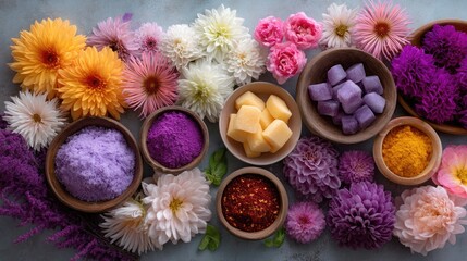 Top Down Overhead View Of Colorful Dahlia Flowers And Spices In Rustic Bowls Arranged Artistically On A Textured Gray Surface